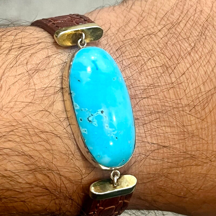 مشخصات قیمت و خرید دستبند چرمی مردانه با نگین فیروزه 4 سانتی اصل کرمان