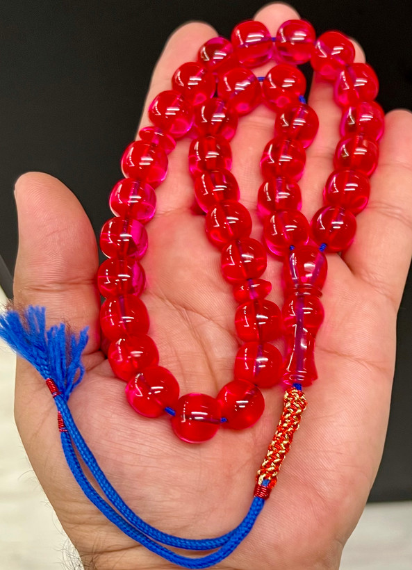 تسبیح سندلوس صورتی زر افشان از شمش سری اول ۱۵ ساله کد ۲۰۱